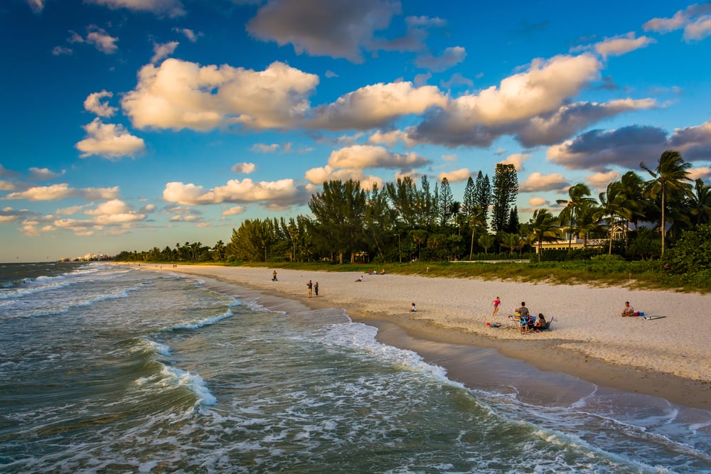 View of the beach from the fishing pier in Naples, Florida.
